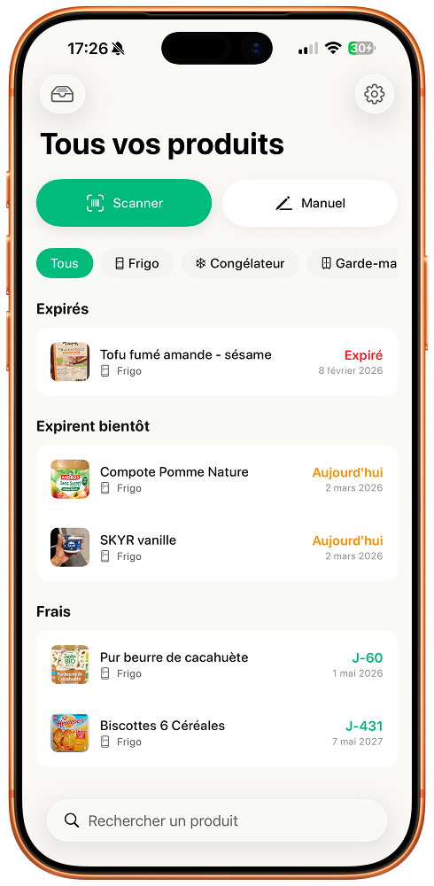 Cébette - Vue d'accueil avec la liste de vos produits